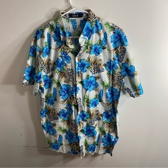 SSLR Blue Hawaiian Shirt XL White Button Down Short Sleeve Men’s - Picture 3 of 5